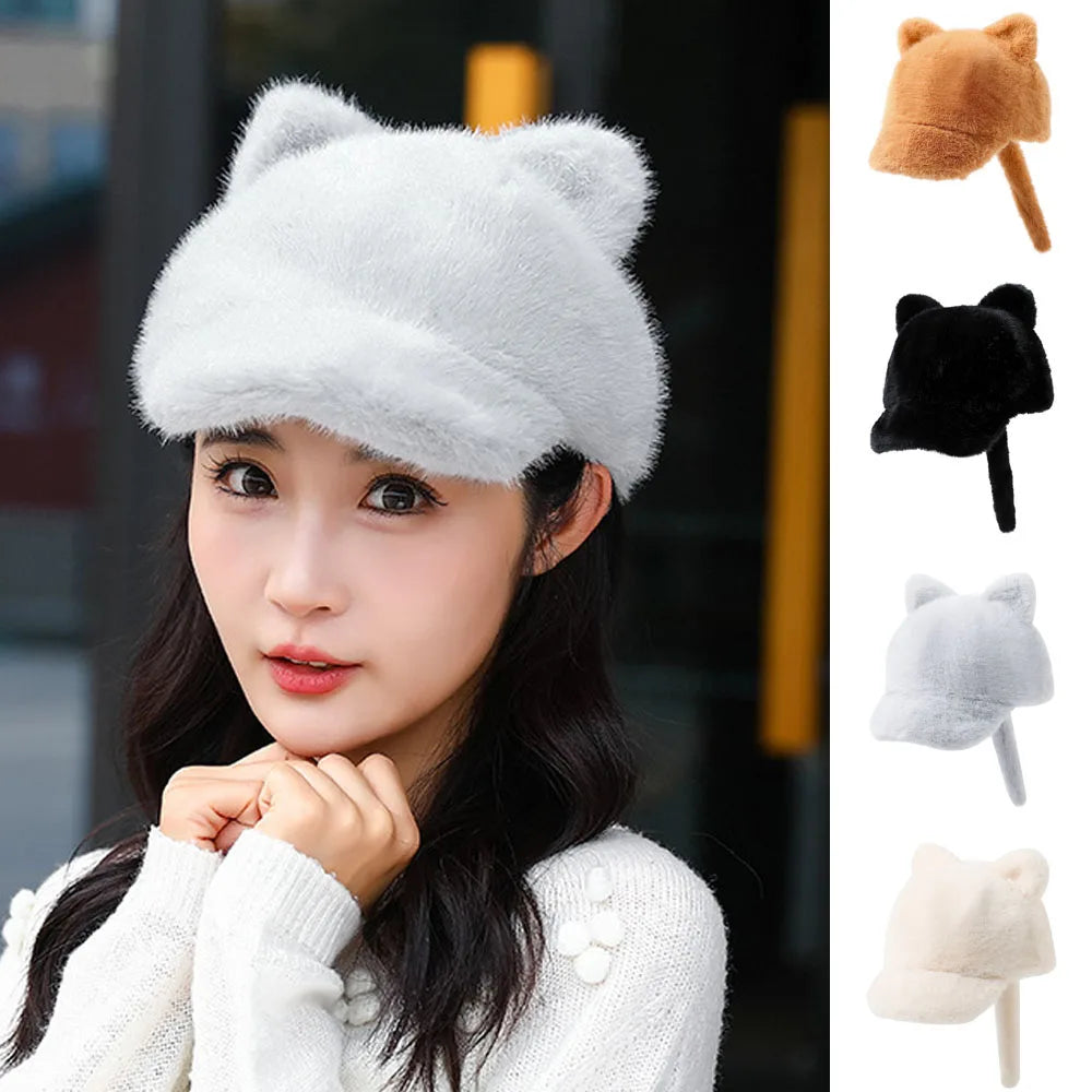 Russia Winter Imitation Fur Thickened Hat Cute Cat Ear Tail Visors Autumn Outdoor Travel Artificial Luxurious False Mink Fur Cap