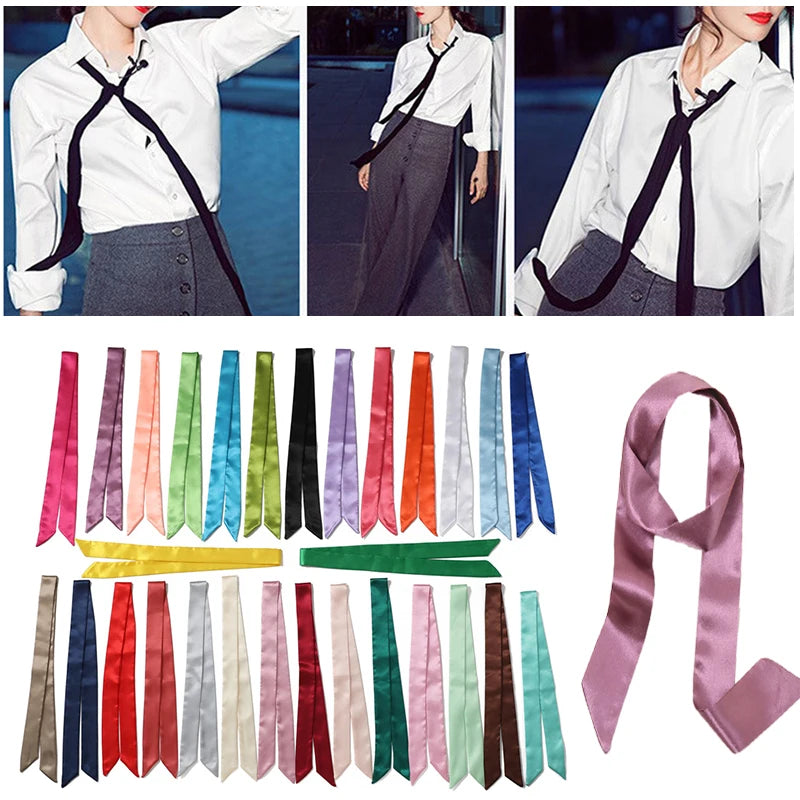 Solid Color Long Scarf DIY Simple Style Women Headband Silk Scarf Multiple Colors Girl Neckerchief Bag Handle Wraps Long Scarves
