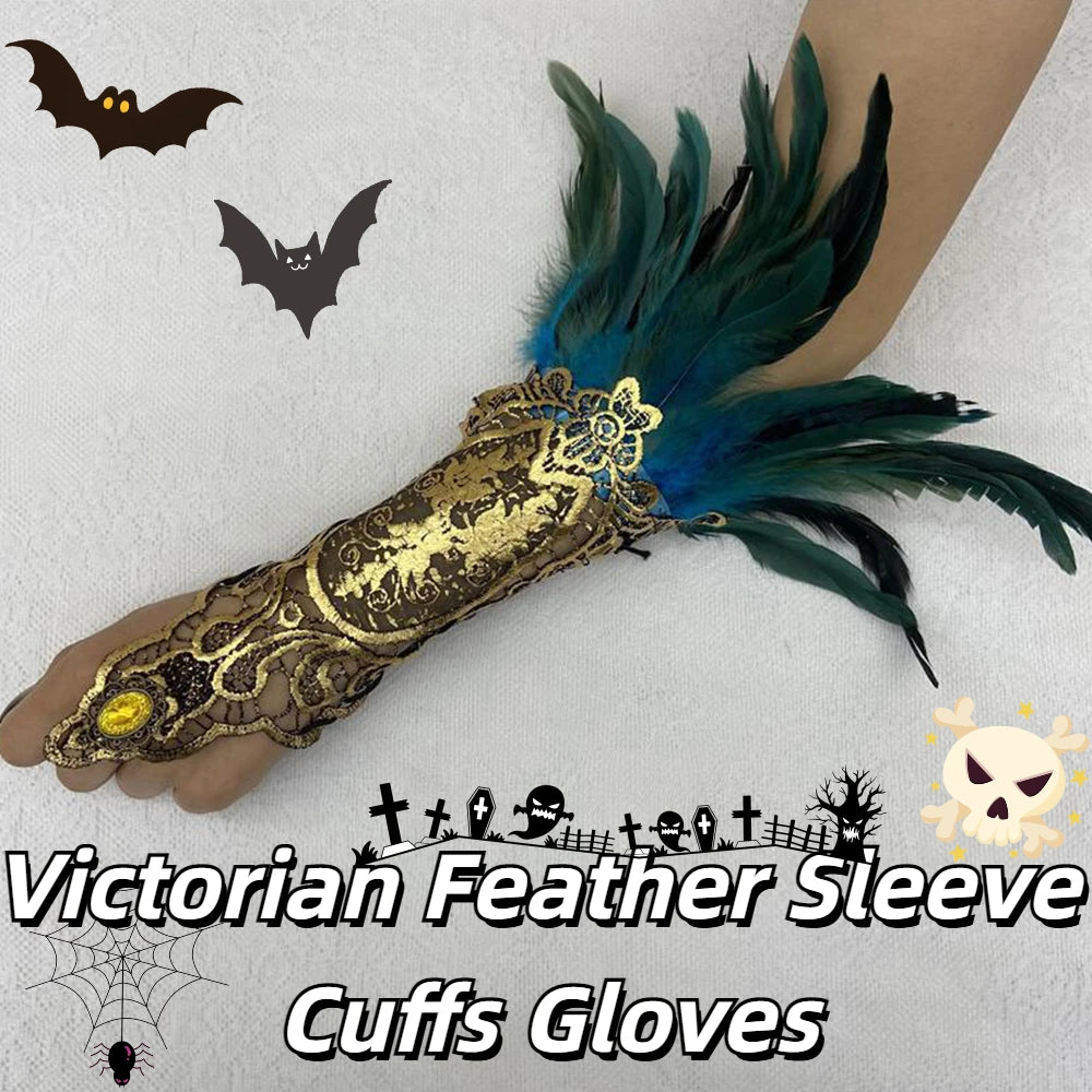 Gothic Victorian Feather Sleeve Cuffs Gloves Party Cosplay Lace Wrist Cuffs Fur Sleeve Furry Accessories Carnival Stage Costume