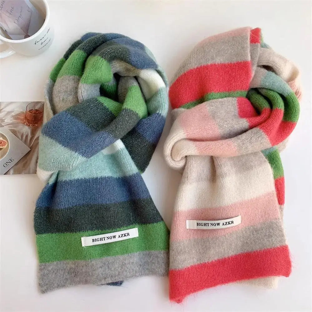 INS Fashion Rainbow Stripes Mohair Knitted Scarf Men Women In Winter Colour Blocking Stripes Wool Short Scarf DIY Short Scarf