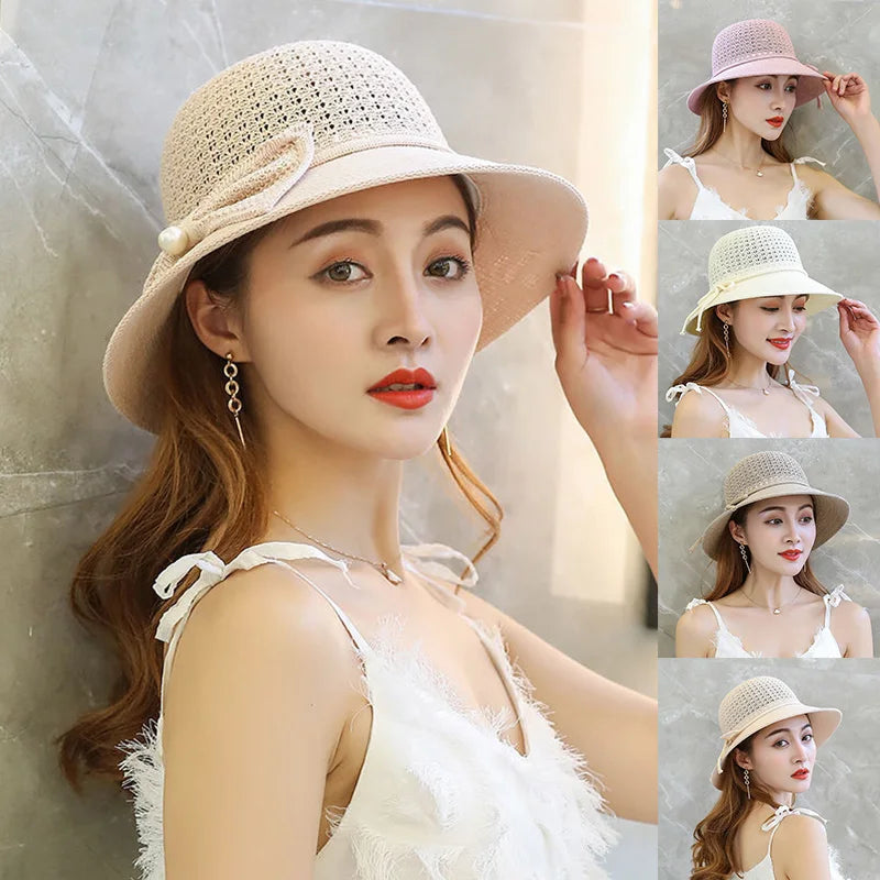 Women Sun Hat Wide Brim Beach Hats Korean Summer Bowknot Straw Hat Foldable Sun Panama Cap Chapeau Femme Beach UV Protection Cap