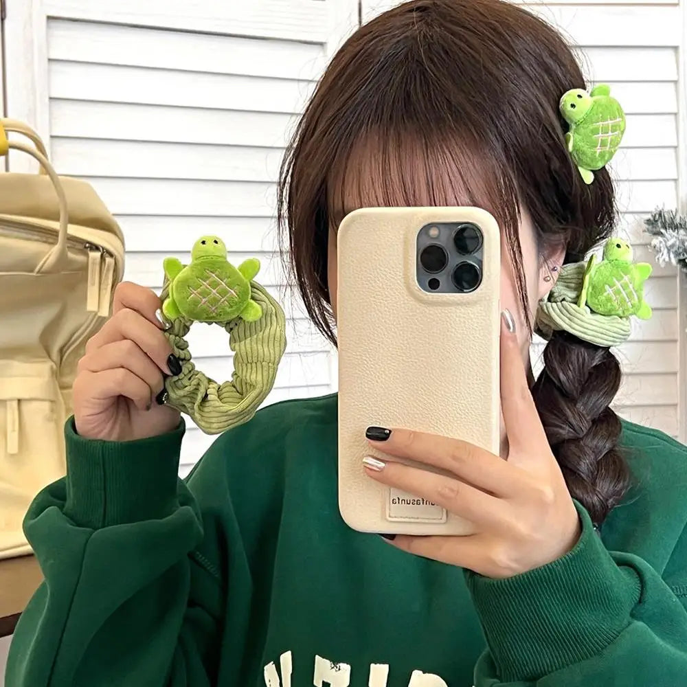 Cartoon Fluffy Turtle Winter Plush Soft Hair Scrunchies Women Cute Small Green Turtle Rubber Bands Ponytail Hair Bands Headwear