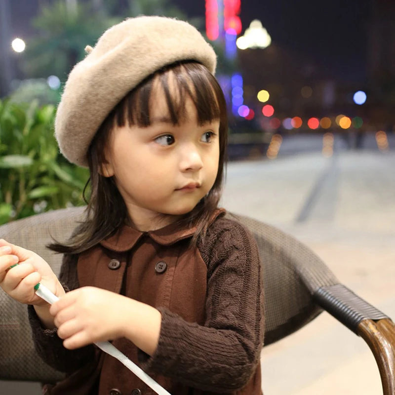 Solid Color Beret Hat For Girls Wool Vintage Children Beanies Cap Kid Children Painter Hats Toddler Candy Color Hair Accessories