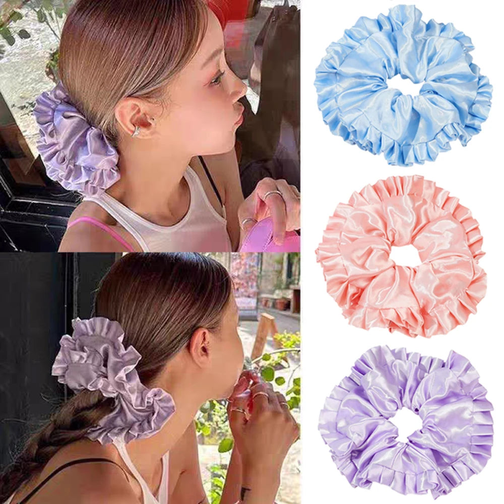 Oversize French Style Satin Silk Scrunchies Women Girls Large Size Ruffled Large Intestine Hair Ring Hairties Hair Accessories