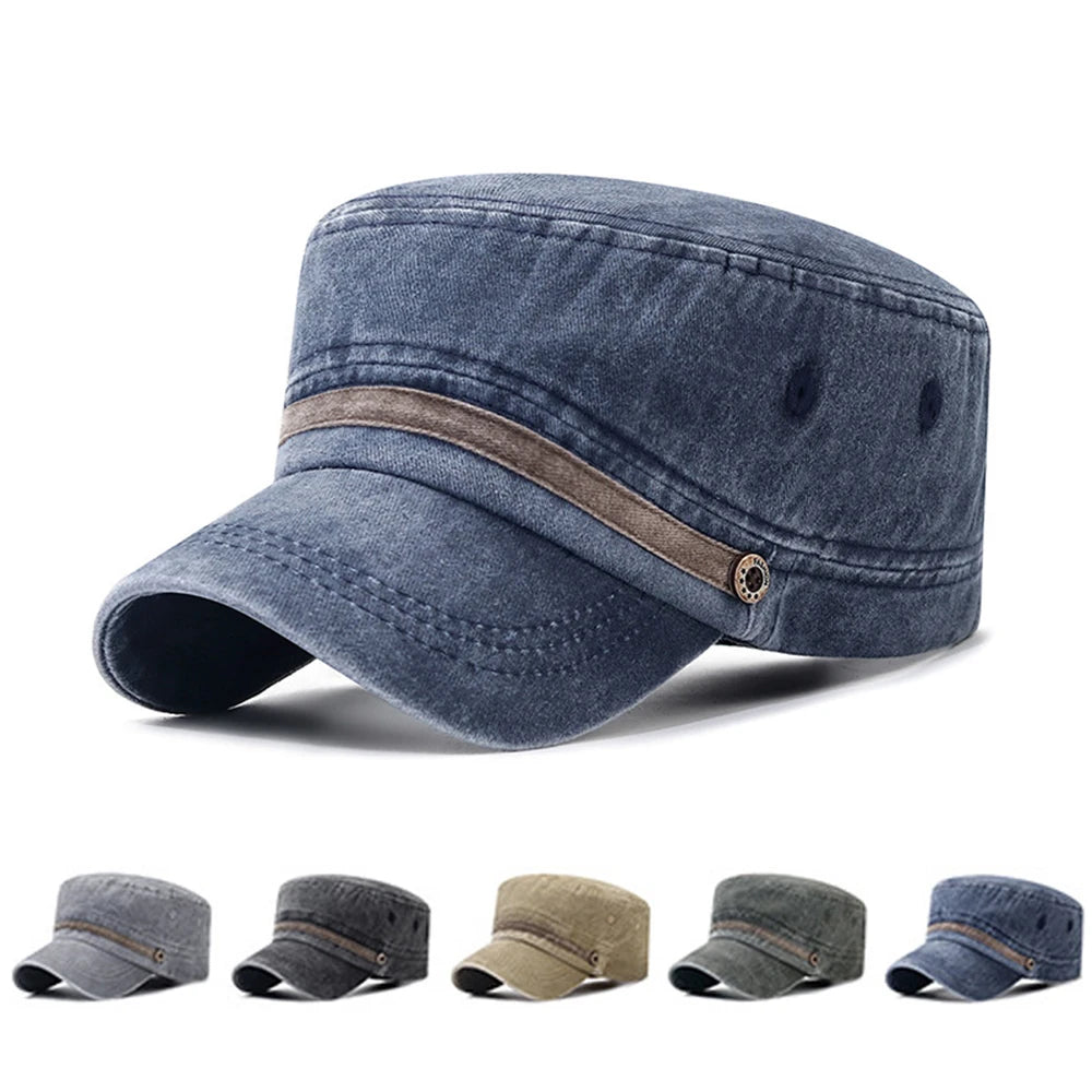 Classic Vintage Flat Top Mens Washed Caps Korean Fashion Hat Adjustable Fitted Thicker Cap Winter Warm Military Hats For Men