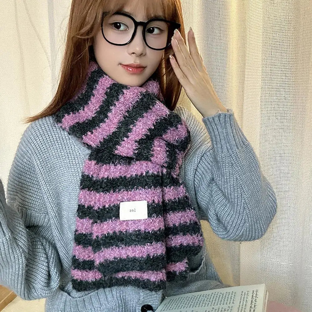 160x25cm Korean Variegated Striped Knitted Scarf Women Winter 2024 New All-Match High-Grade Wool Warm Christmas New Year Gift