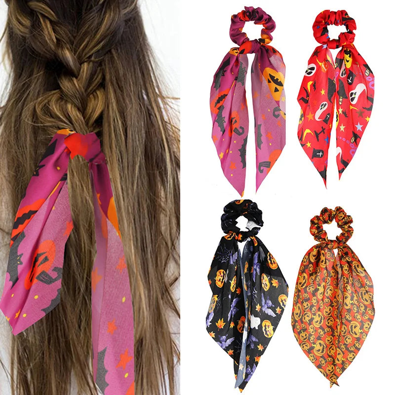 Cute Halloween Bows Hair Scrunchies Long Ribbon Ponytail Scarf Hair Tie Women Girl Elastic Hair Bands Christmas Hair Accessories