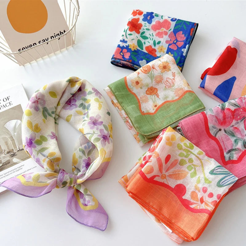 58*58cm Tulip Flower Neck Scarf Hair Band Floral Print Hair Scarf Headscarf Hijab Shawl Headband Neckerchief Soft Handmade