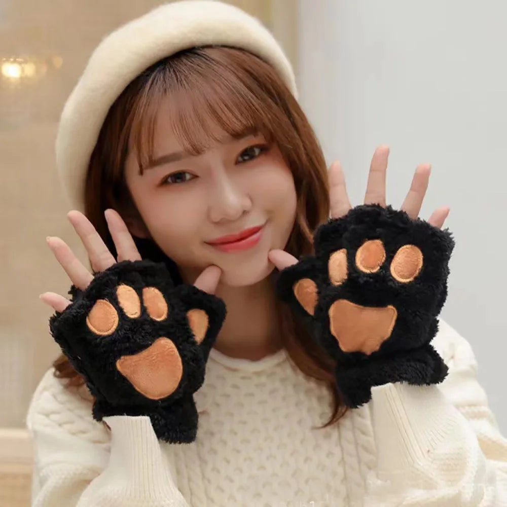 Women Bear Plush Cat Paw Claw Gloves Winter Faux Fur Cute Kitten Fingerless Mittens Gloves Christmas Halloween For Womens Girls