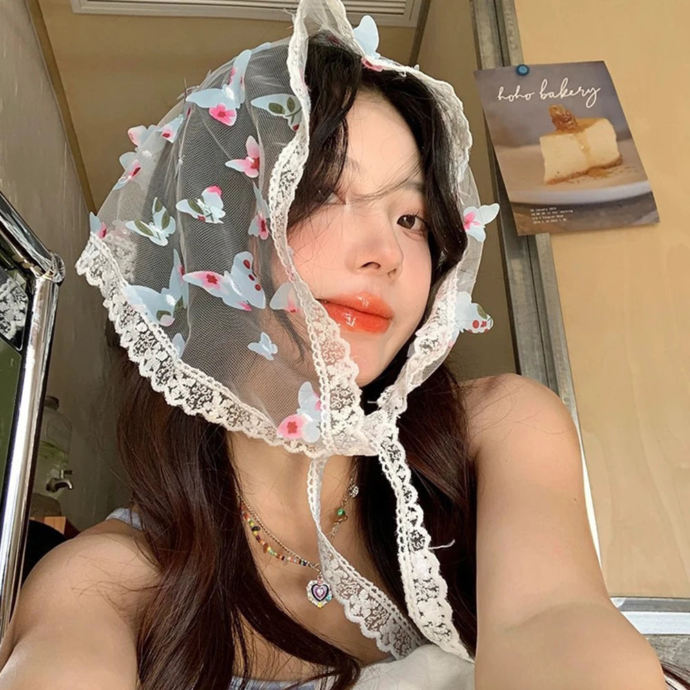 Fairy French Headband Headscarf 3D Butterfly Lace Triangle Scarf Sun Shade Hairband Lady Girls Wrist Silk Scarf Hair Accessories