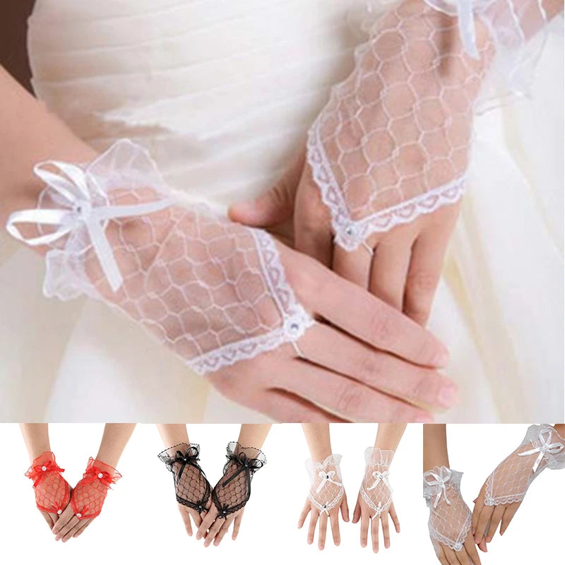 1 Pair See Through Trendy White Black Red Color Bride Party Gloves Fingerless Bowknot Sexy Lace Short Bow Gloves For Women Party