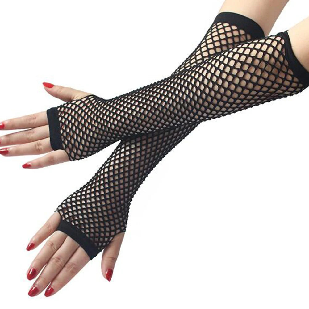 Lace Mesh Fishnet Gloves Ladies Sexy Dance Costume Party Fingerless Long Mittens Soild Color Fashion Hollow Net Women Gloves