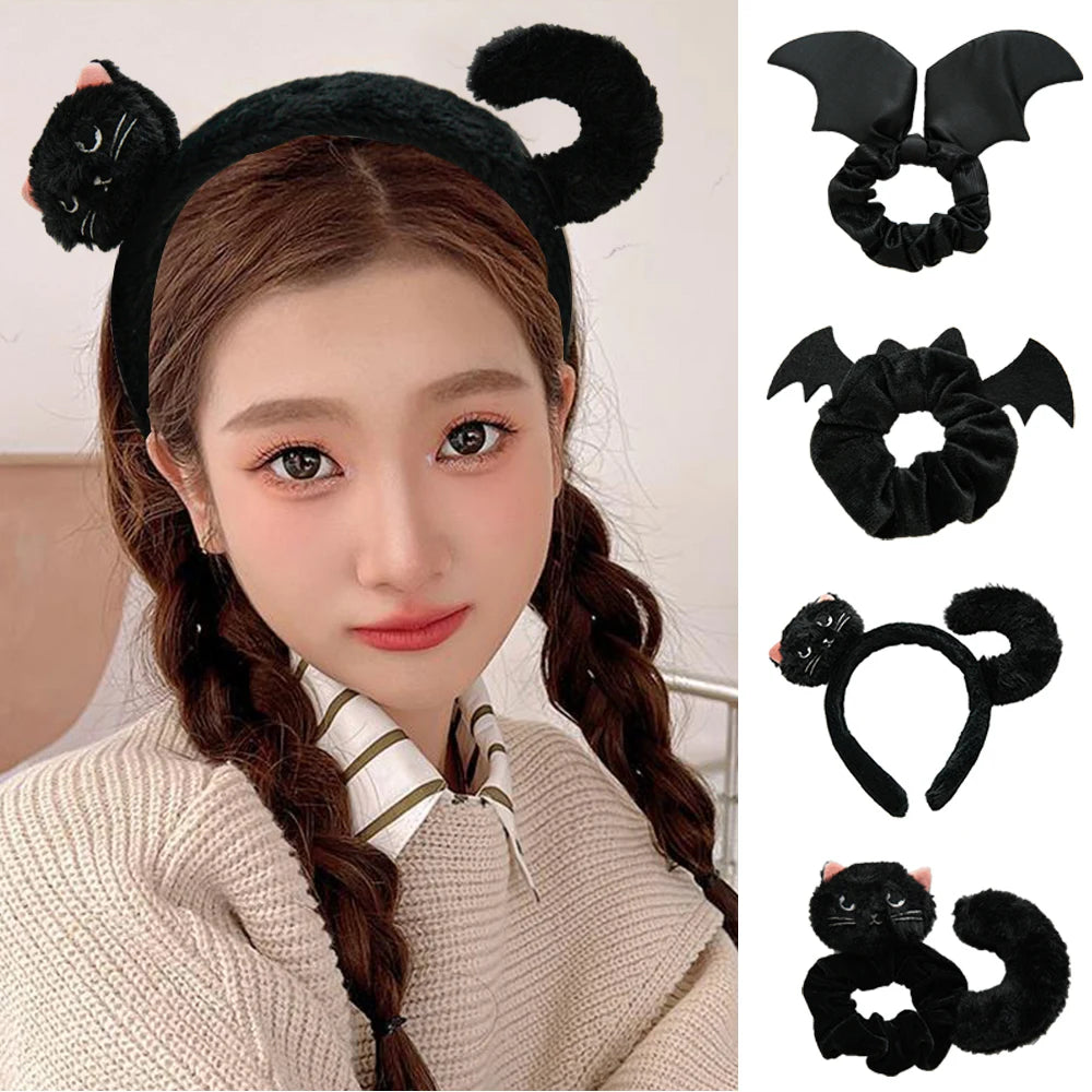Lovely Woman Halloween Black Cat Hair Hoop Bat-shape Large Intestine Hair Ring Hairband Y2k Cartoon Black Plush Cat Hair Band