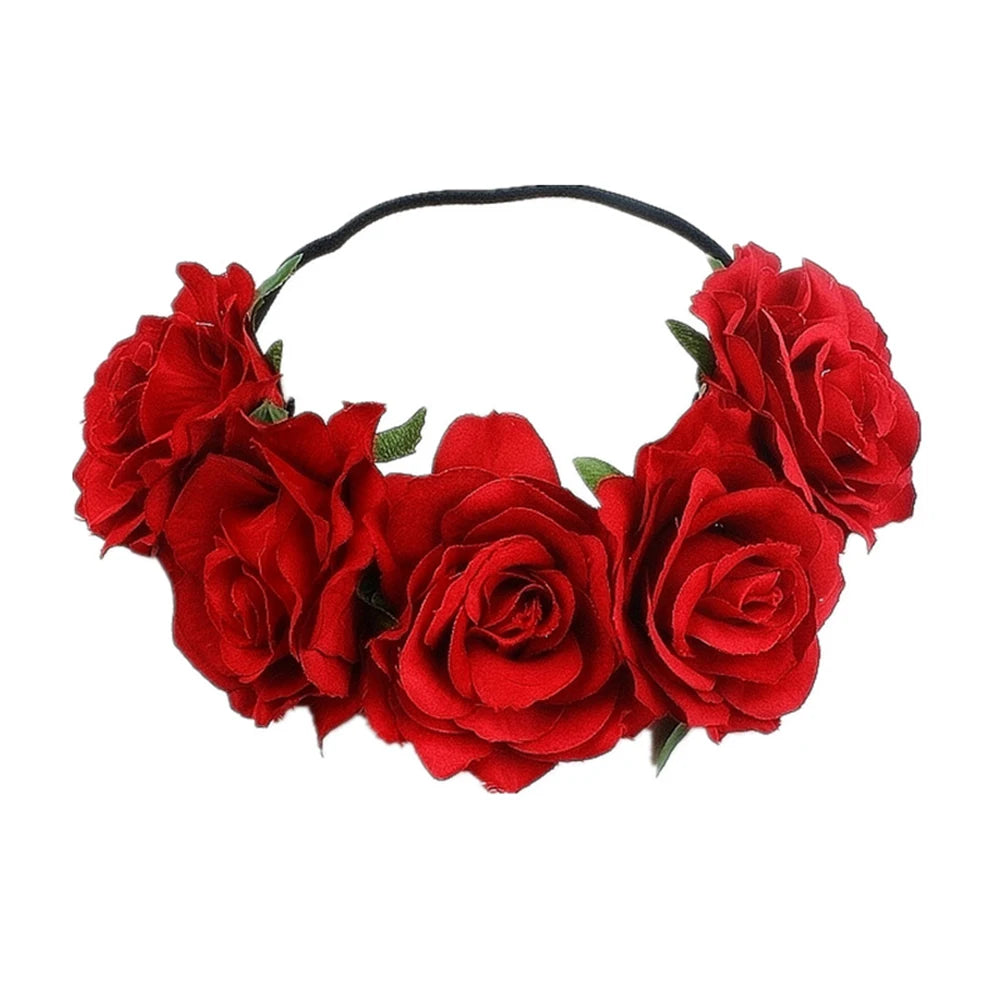 Mexican Hairband Romantic Faux Rose Headband For Women Red Bezel Hair Hoop Hair Bands Bride Girls Wedding Hair Accessories