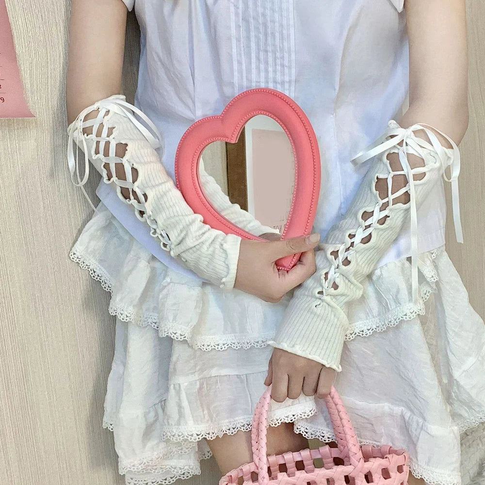 Lolita Lace Fingerless Gloves Black Gothic DIY Strapping Sunscreen Sleeve Clothing Accessory Elastic Mesh Y2K Women Punk Gloves