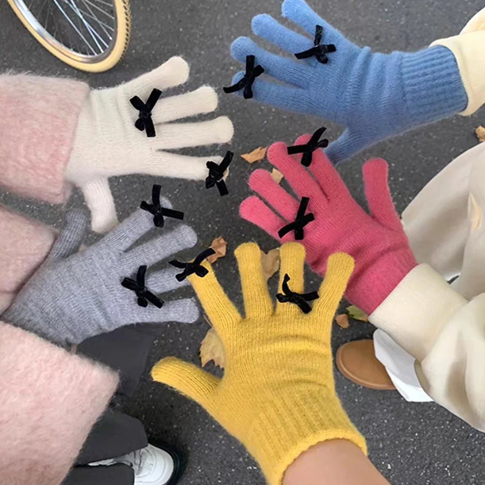 Korean Bow Decorate Touch Screen Knitted Gloves INS Winter Women Gloves Warm Gloves Solid Fluffy Work Gloves Mittens For Women
