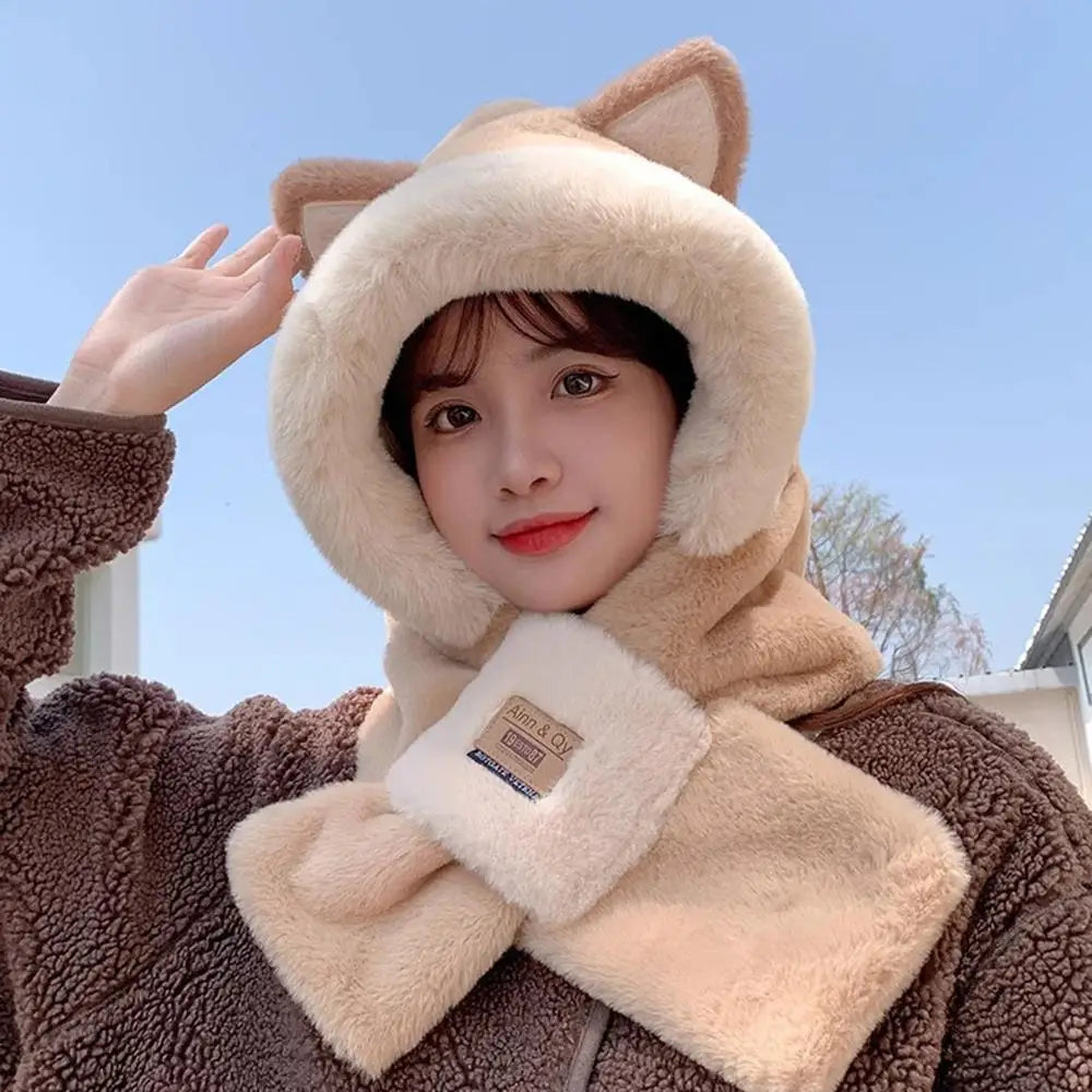 Korean Sweet Cat Ear Plush Bomber Cap Winter Women Keep Warm Windproof Ear Protection Cute Pom-pom Beanie Thickened Fluffy Hat