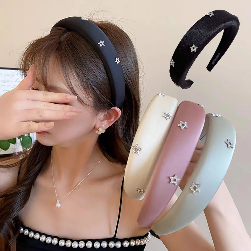 90s Y2K Korean Shiny Crystal Star Sponge Headbands Women Vintage Hair Hoop Hairband Hair Accessories High Cranial Crest Headwear