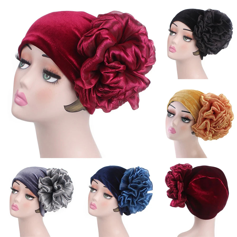 Women's Big Flower Turban Hijabs Hair Accessories Velvet Elastic Cloth Hair Bands Beanie Ladies Muslim Solid Color Hair Loss Cap