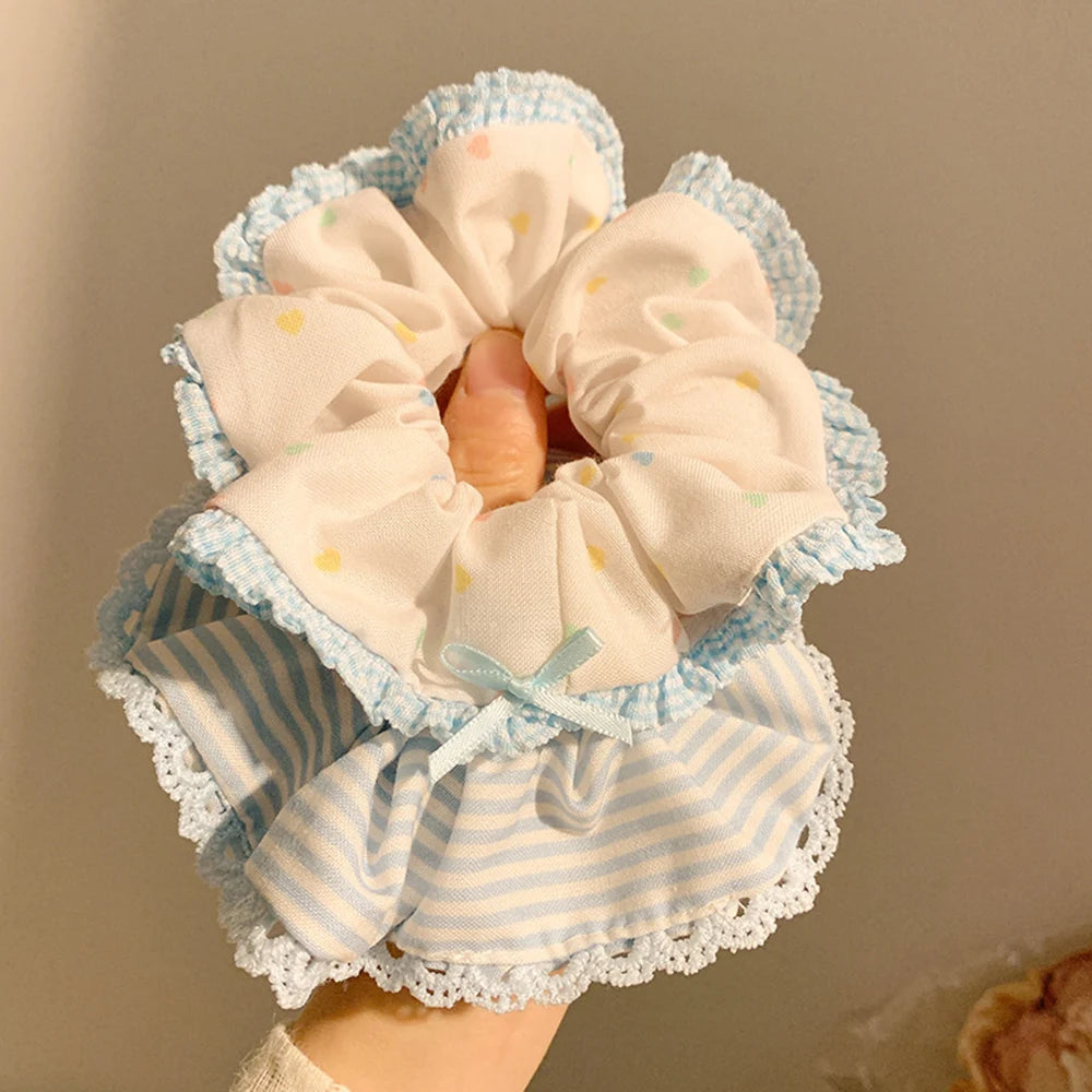 Korean Summer Comely Small Floral Large Intestine Hair Band Mori Sweet Girl Plaid Lace Hair Rope New Female Pastoral Hair Ties