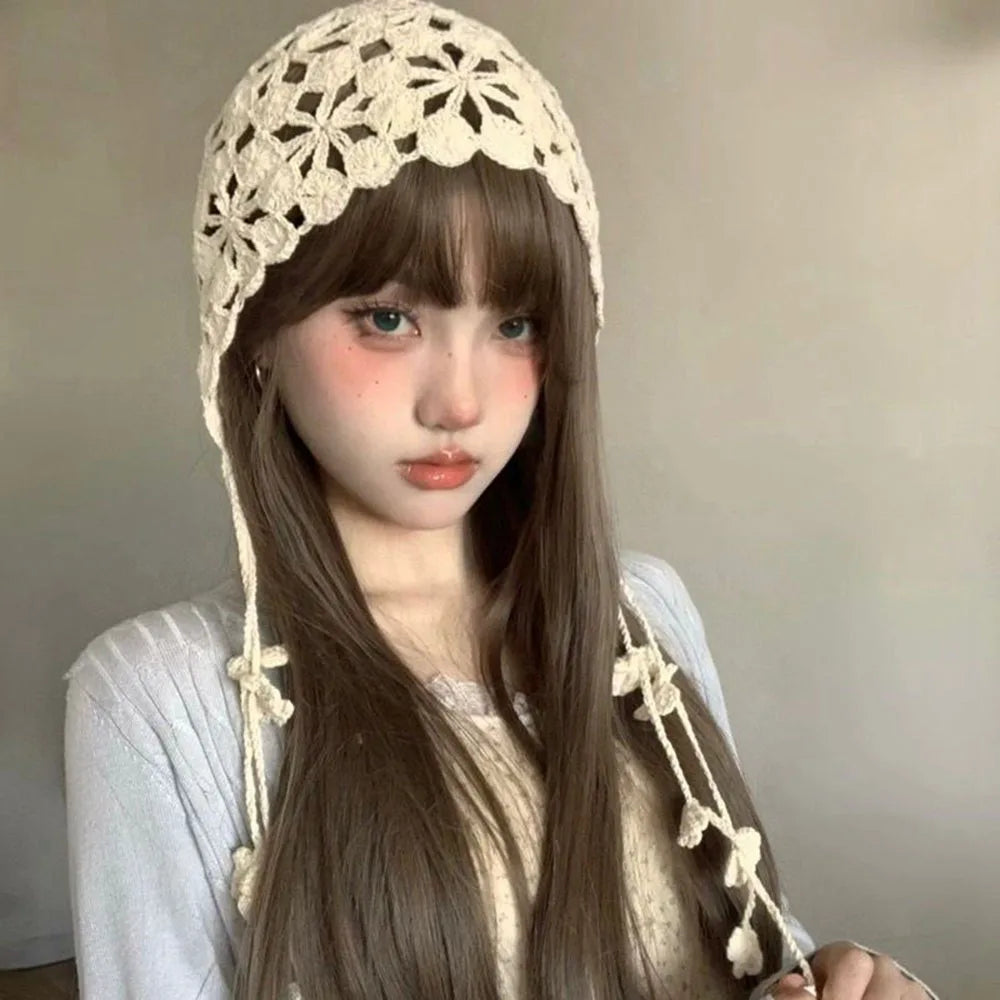 Boho Knitted Thin Hollow Handmade Crochet Korean Knitted Hats For Women Spring Summer Travel Versatile Concave Strap Beanies Cap