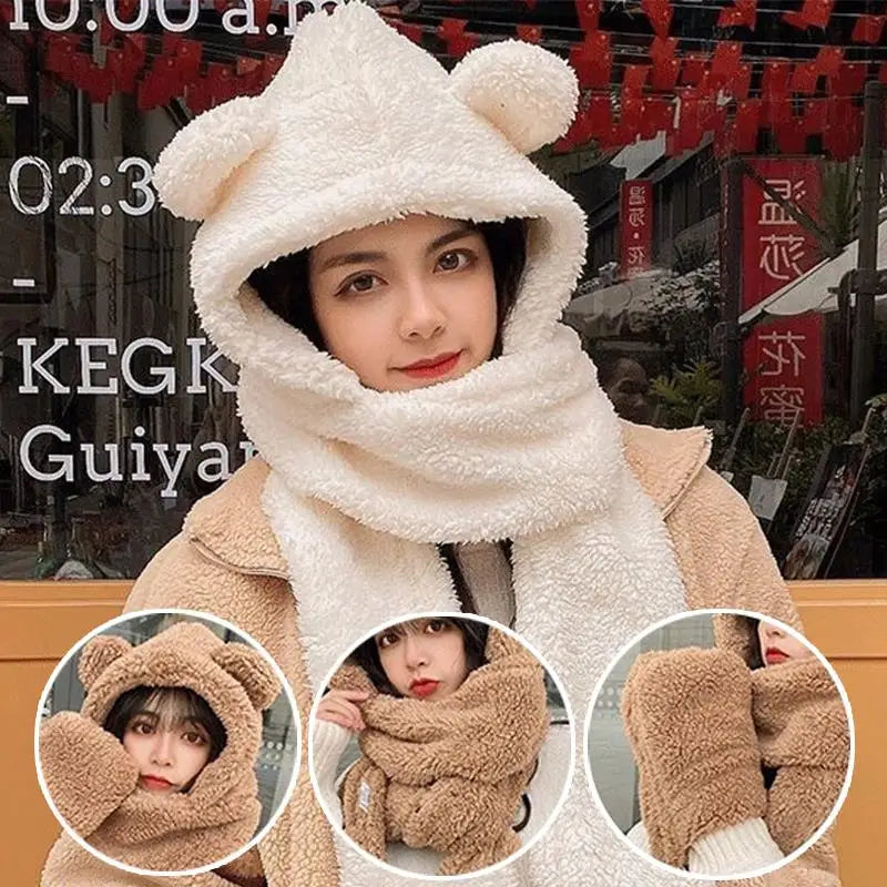 Super Cute Korean Plush Bear Ear Hat Fashion Winter Women Girls Novelty Beanies Caps Warm Bear Ear Hat Scarf Glove 3-In-1 Design