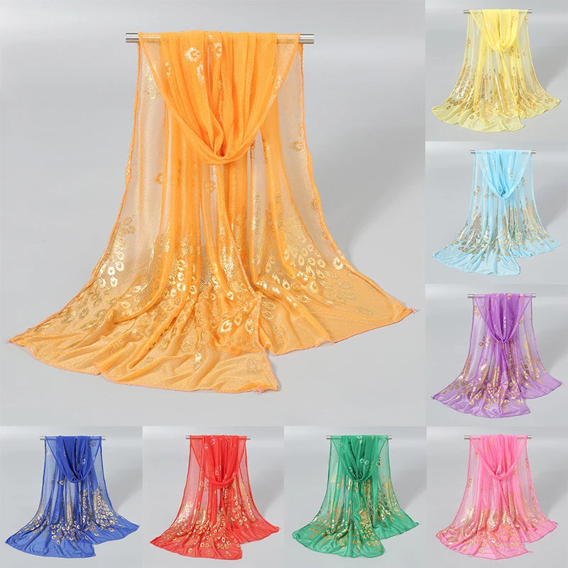 Fashion DIY Georgette Gold Scarf Hijab Women High Quality Voile Wrap Shawl Long Soft Peacock Pashmina Stoles Glitter Thin Scarf