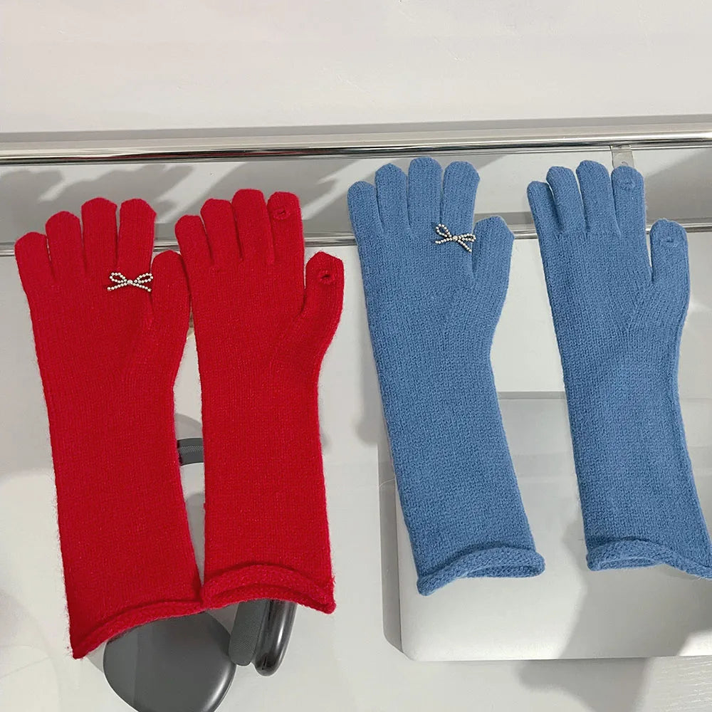 Korea Solid Color Elastic Full Fingers Gloves Long Knitted Gloves Women Winter Mittens Small Bowknot Mittens Thicken Warm Gloves