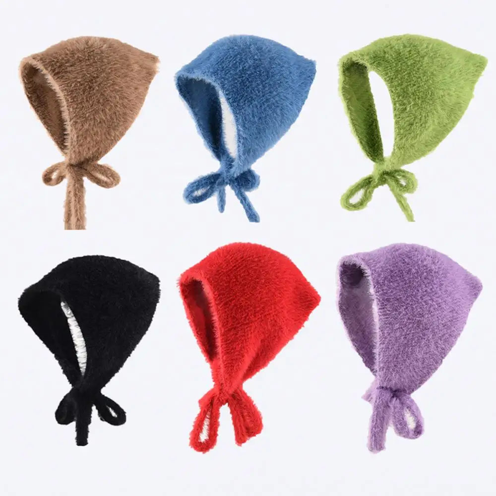 Korean Simple Y2k Headscarf Women Autumn Winter Warm Plush Knitted Triangle Scarf Japan Sweet Cute Lace-up Cover Xmas Headband