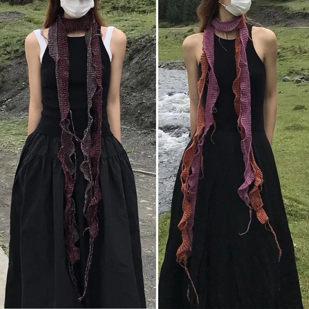 Irregular Korean Y2k Long Thin Scarf Women Spiral Weaving Tassel Knitted Scarf Design Decor Narrow Scarf Spicy Girl Small Scarf