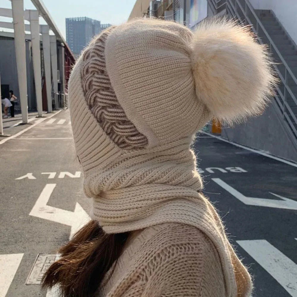 Cute All-in-one Hat Scarf Female Winter Warm Rabbit Hair Knitted Cap Cycling Ear Protection Padded Lovel Pink Coldproof Neck Cap