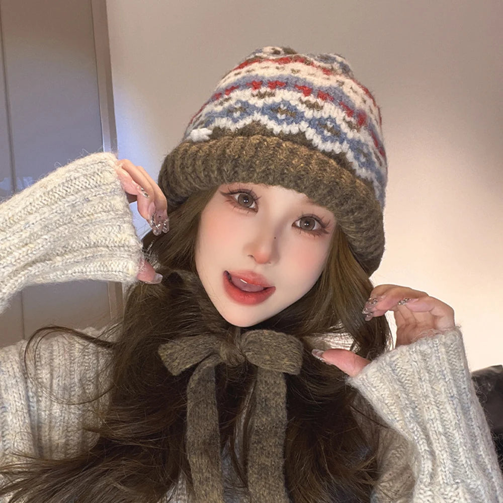 INS Korean Women Ethnic Style Striped Spliced Knitted Woolen Hat Autumn Winter Thickened Warm Cold Resistant Ear Protection Cap