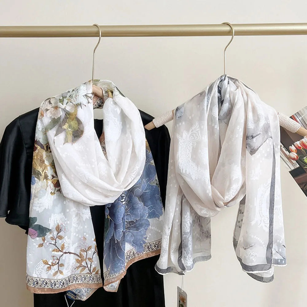 New Long Flower Pattern Thin Sunscreen Scarf Muslim Hijab Neckerchief Women Chiffon Georgette Elegant Summer Long Shawl Bandana