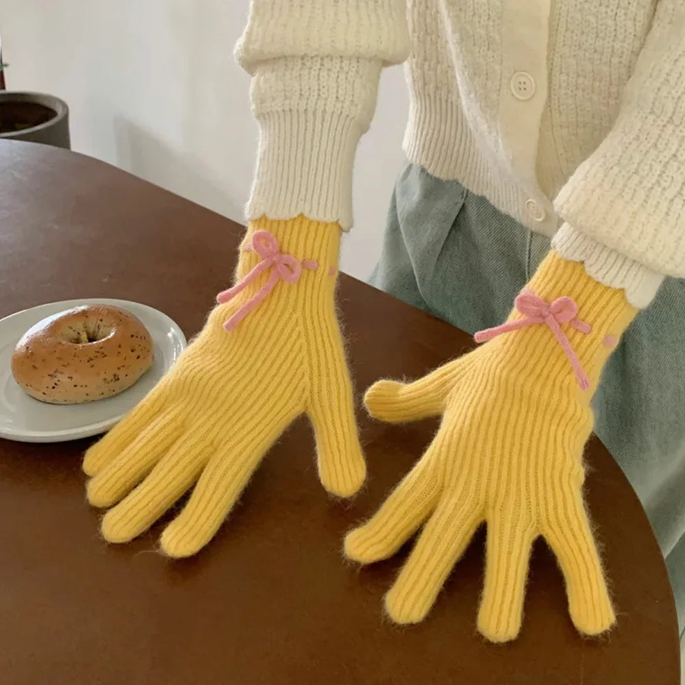 Korean Winter Bow Knitted Gloves For Women Sweet Thicken Warm Knitted Mittens Full Finger Guantes Touch Screen Luvas Gloves INS
