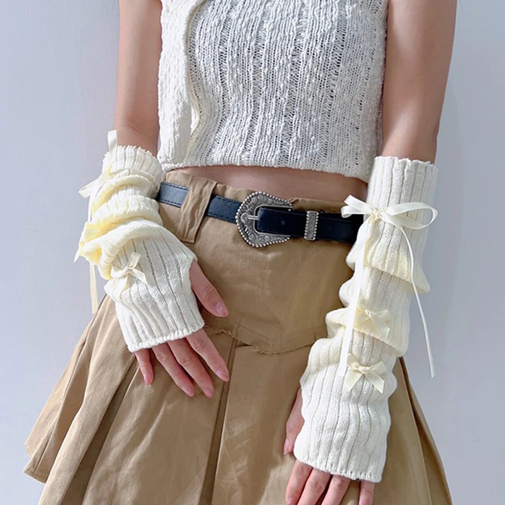 Y2K Emo Girl Sweet Bow Knitted Arm Warmers Long Sleeve Half Finger Gloves Harajuku Girls Fashion Punk Gothic Mittens Accessories